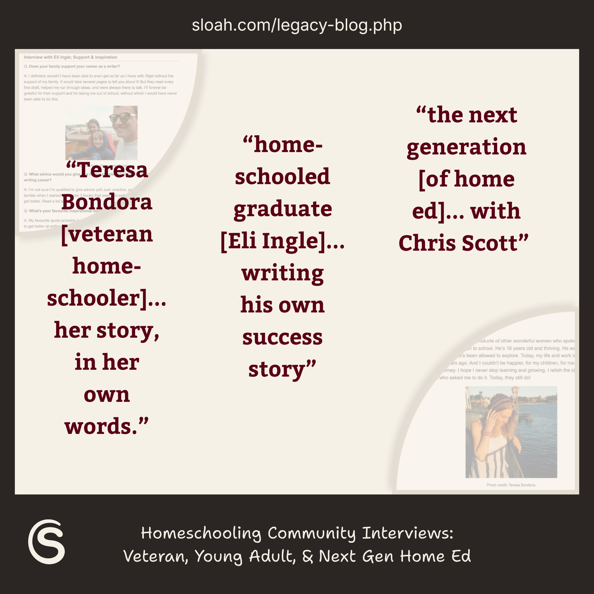 Three generations of homeschooling families: veteran, young adult, and parent of a young child.