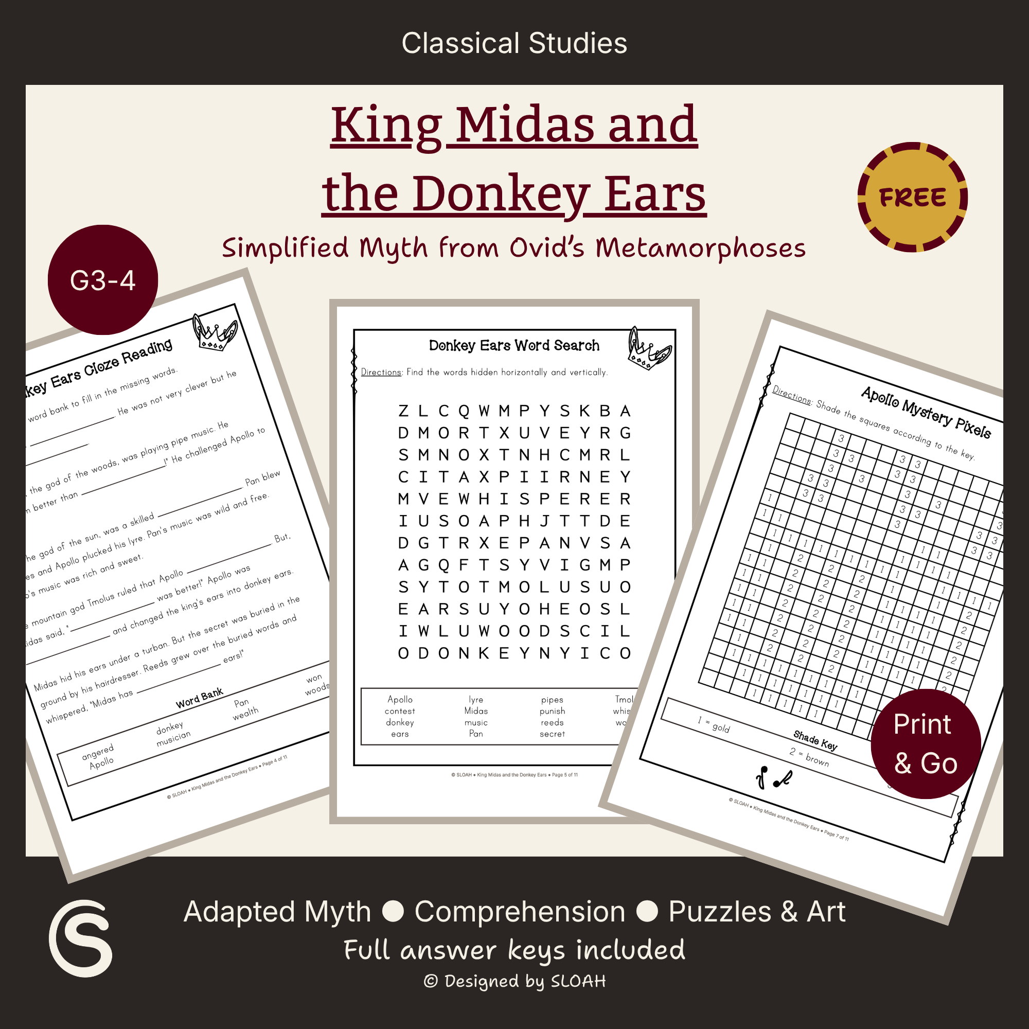 Free teaching resource, King Midas and the Donkey Ears, adapted from Ovid's Metamorphoses.