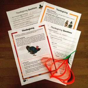 Worksheets and paper pumpkin for Thanksgiving 2016.