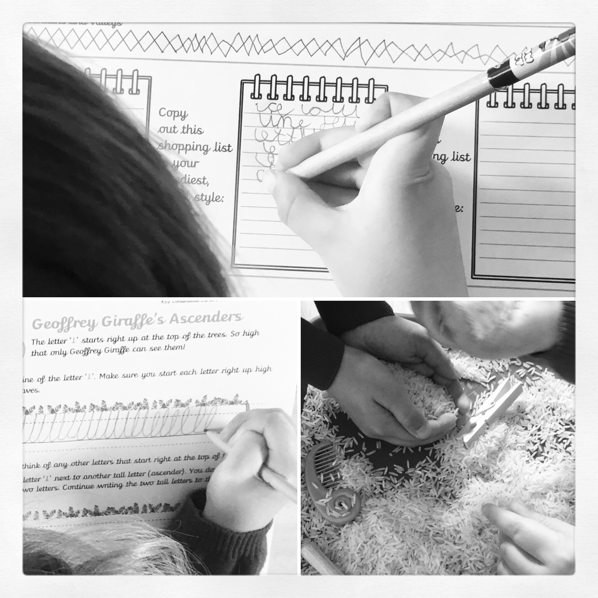 Worksheets and rice sand tray in action.